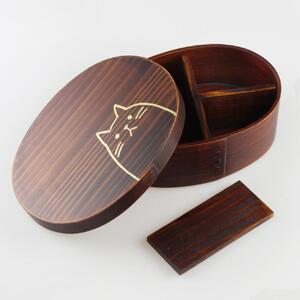 曲げわっぱ弁当箱  漆塗り【650ml】 ねこブラウン 日本国内仕上げ 天然木 1段