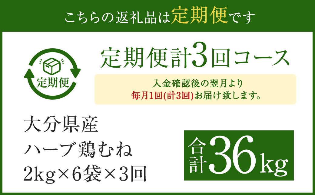 【1ヶ月毎3回定期便】大分県産ハーブ鶏むね 計36kg