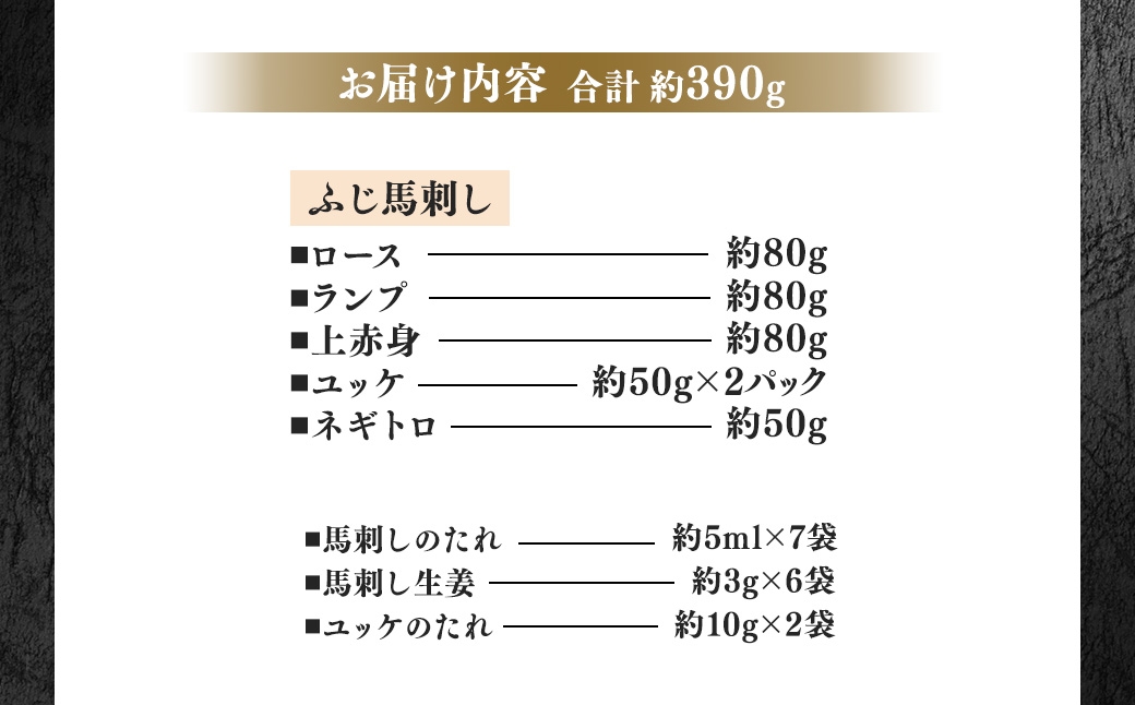 ふじ馬刺し上級赤身3種とユッケ・ネギトロ詰合せ