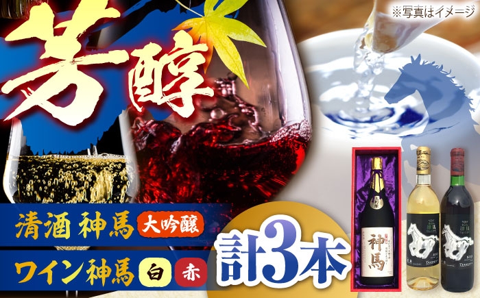 
                  酒 清酒「神馬」大吟醸 1.8L・ワイン「神馬」赤白 各720ml / お酒 sake 飲み比べセット 日本酒 ギフト 大吟醸酒 一升瓶 ワイン 赤ワイン 白ワイン 赤白セット フルボディ 辛口 果実酒 洋酒 3本セット 三本 詰め合わせ プレゼント 贈り物 贈答用 御祝 内祝 高級 お取り寄せ 地酒 競馬 縁起物 晩酌 アルコール 手土産 お土産 / 栗東市 / 酒甚[BIAK012]
                