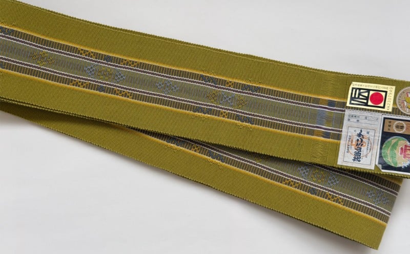 
                  伝統工芸【読谷山ミンサー】細幅帯＜抹茶・１点もの＞ ☆ 帯 着物 沖縄 織物 読谷村 普段使いに 花織 １点物
                