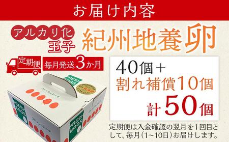 【定期便 全3回】 アルカリ化 玉子 紀州地養卵 合計 50個入 (40個＋割れ補償分10個）× 3回　卵 たまご 玉子 タマゴ 鶏卵 まとめ買い オムレツ 卵かけご飯 朝食 業務用