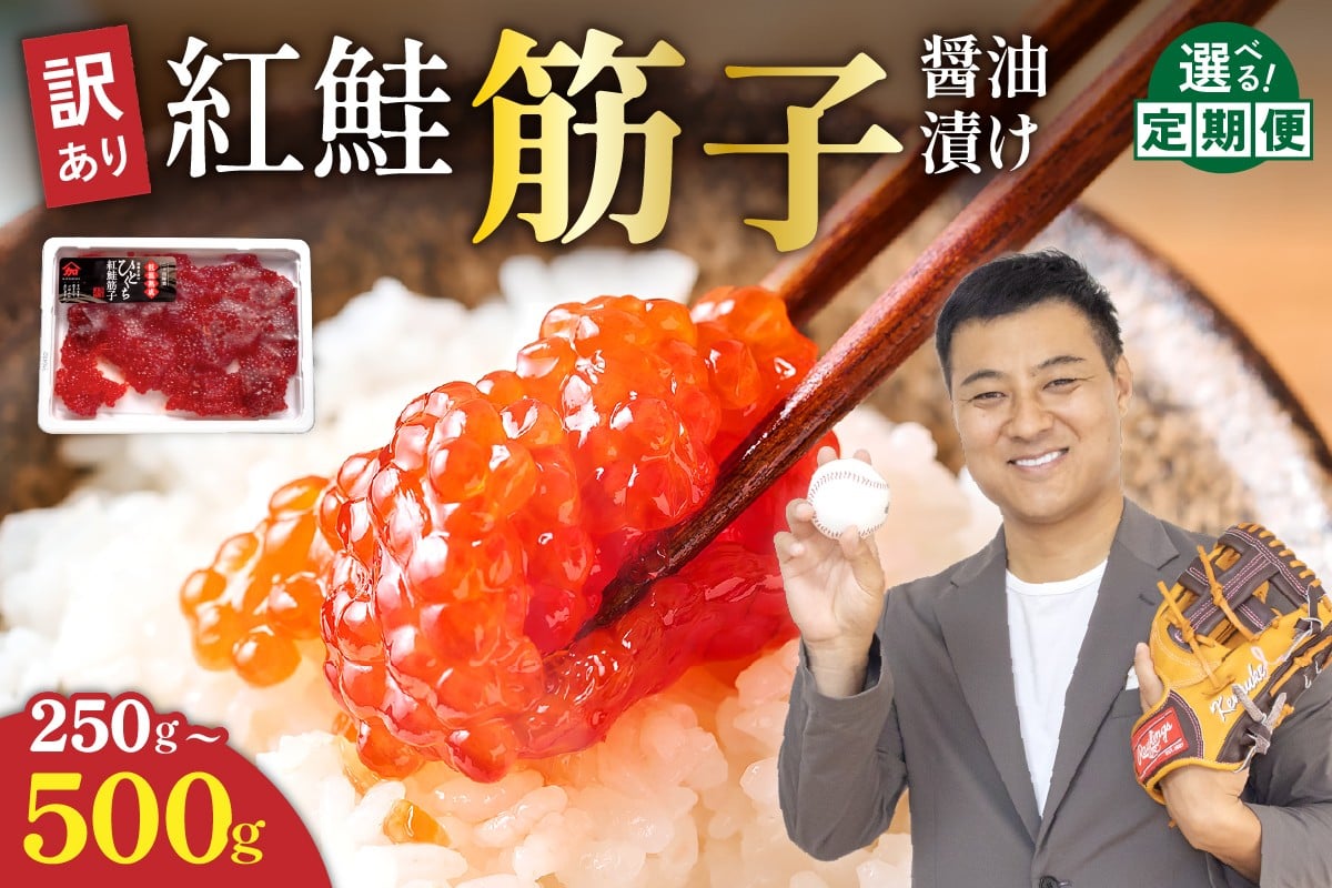 
            ＜選べる量・回数〉年内配送　年内発送　北海道　訳あり 紅鮭筋子醤油漬  250g～500g (250g×2個入）加藤水産 ひとくちカット すじこ 魚卵 海鮮 おかず おにぎりの具 贈答 ギフト 人気 留萌市 R002-004-o
          