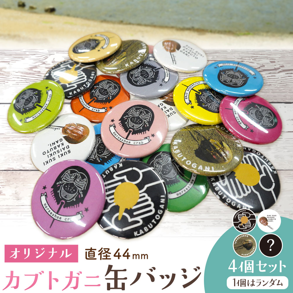 【ふるさと納税】オリジナルカブトガニデザイン缶バッジ 4個セット 笠岡市観光協会《30日以内に出荷予定(土日祝除く)》岡山県 笠岡市 缶バッジ バッジ カブトガニ イラスト 記念缶バッジ 4個 (3種固定 1種カラーランダム)