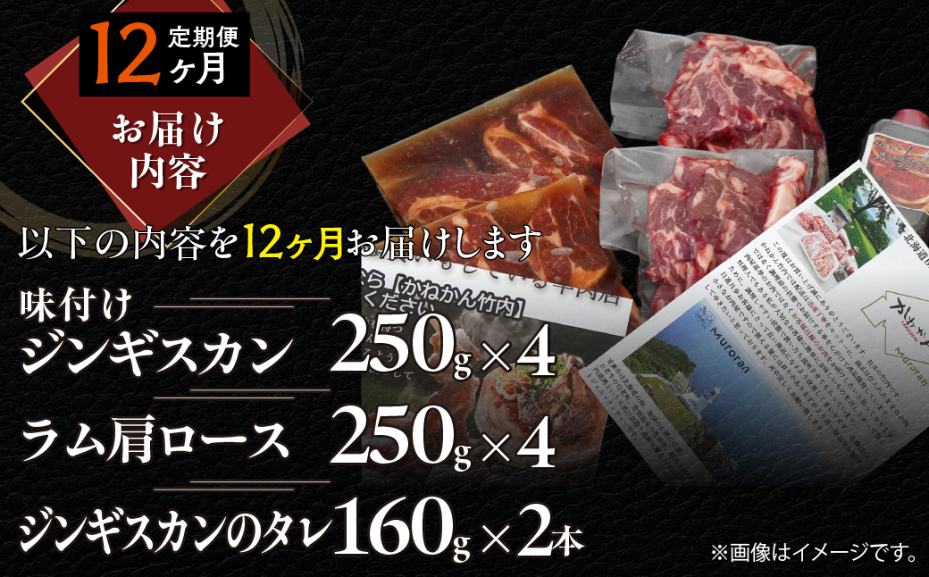 【12ヶ月定期便】味付けジンギスカン250g×4 ラム肩ロース250g×4 セット MROA343 １２回 各４パック(味付けジンギスカン250g､ラム肩ロース250g)