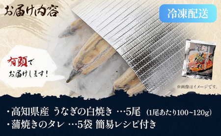 【限定100個】高知県産うなぎの白焼き 100ｇ～120ｇ×5尾【うなぎ 高知県産うなぎ 白焼きうなぎ 鰻 うなぎレシピ付き】 yw-0085