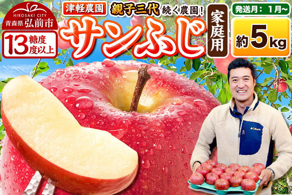 【27年1月〜発送】りんご  サンふじ【家庭用】約5kg 13〜20玉程度【糖度13度以上】津軽農園 [先行予約 青森県 弘前市 アップル おいしい ふじ りんご 果実 果物 赤色 津軽 糖度 美味 林檎]