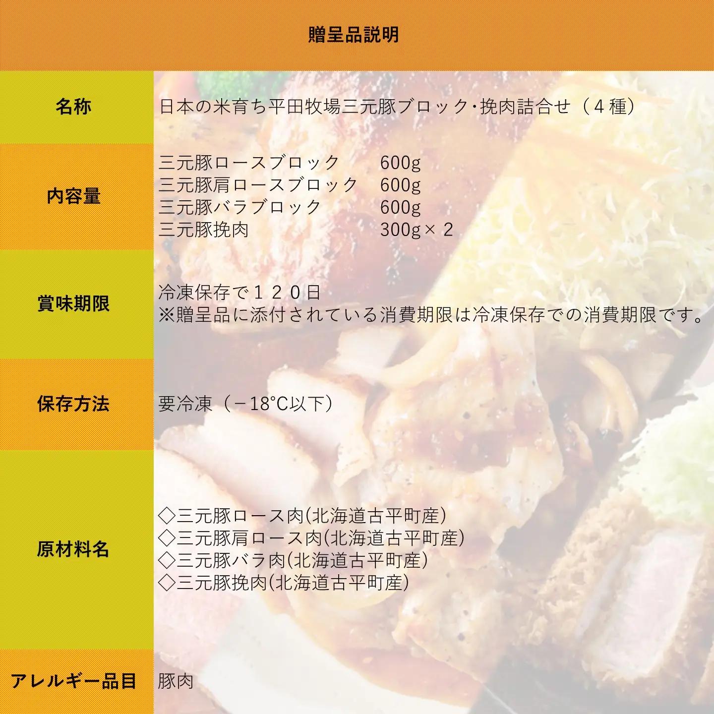 【FN】日本の米育ち平田牧場三元豚ブロック･挽肉詰合せ（４種）