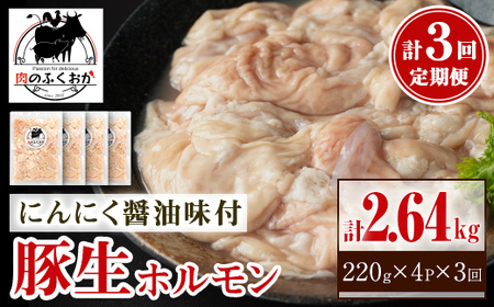 【A79015】＜定期便・全3回＞豚生ホルモンにんにく醤油味付(計2.64kg・220g×4P×3回) 鹿児島 豚肉 ホルモン 生ホルモン にんにく 醤油 おかず 加工品 味付け おつまみ 小分け パック 冷凍 冷凍食品 お弁当【肉のふくおか】