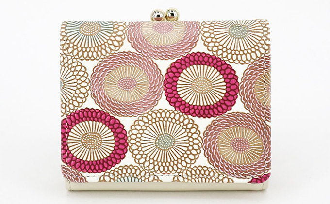 【文庫屋大関】三つ折りミニ財布　笠菊（桃花）【皮革工芸品】 ファッション 小物 民芸品 お札 カード 小銭 手のひらサイズ コンパクト 厄除け 牛革 手作り 大人可愛い 