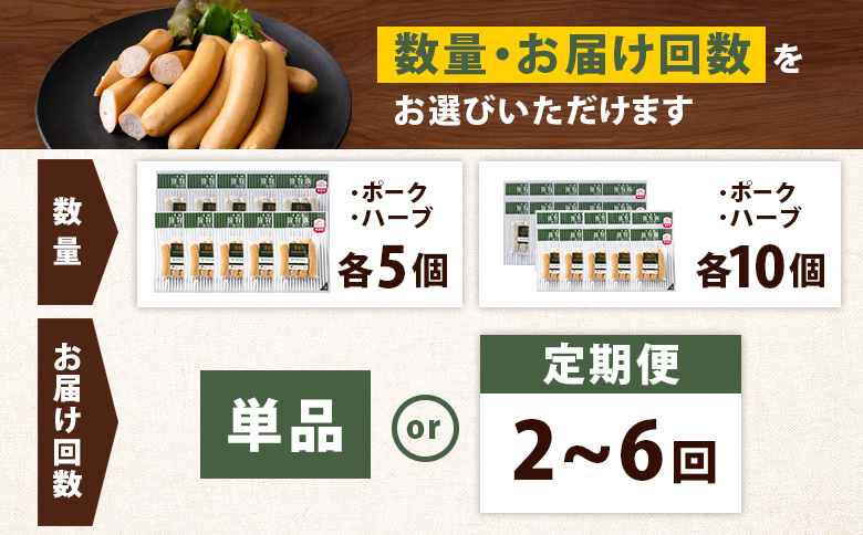 【定期便：5回】北海道産放牧豚 無添加ポークウインナー・ハーブソーセージ ×各10パック【12007401】 各10パック定期便（5回配送）