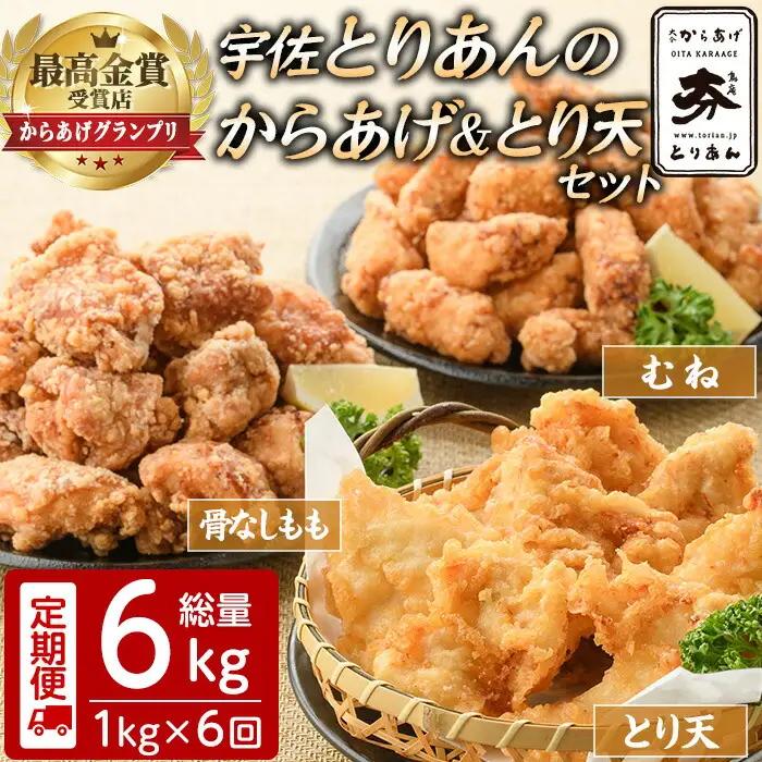 ＜定期便・全6回(連続)＞＜からあげグランプリ最高金賞＞宇佐 とりあんのからあげ・大分名物鶏天セット(総量6kg・合計1kg×6回)から揚げ からあげ 鶏天 とり天 簡単 冷凍 惣菜 お弁当 おかず 