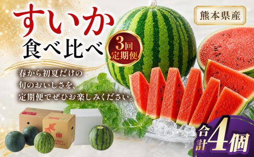 【 3か月定期便 】 熊本 すいか 食べ比べ 定期便 （ 3月 ・ 4月 ・ 5月発送 ） 果物 フルーツ 果実 果汁 果肉 国産 冷蔵 定期 定期配送 旬 旬の果物