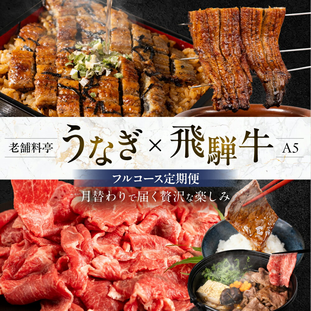 【ふるさと納税】老舗料亭うなぎ × A5飛騨牛 フルコース 定期便 全5回 5ヶ月 5回 老舗料亭うなぎ 飛騨牛 A5ランク A5等級 切り落とし すき焼き 焼肉 国産うなぎ 長焼き ひつまぶし 蒲焼 冷凍 冷蔵 ご褒美 ギフト プレゼント お祝い 記念日 中部ミート 玉辰楼 岐阜県 大垣市