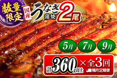 【2026年4月22日受付終了】＜数量限定＞うなぎ 定期便 国産 鰻 蒲焼 2尾セット 隔月定期便（2026年5月,7月,9月お届け）全3回 合計1kg以上 魚介 贈答品 ギフト ウナギ 期間限定 鰻楽【E192-26-050709】