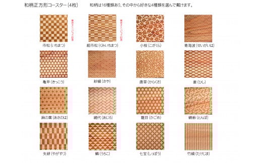 木製和柄コースター(4枚セット)角　和柄縁起解説入 ふるさと納税 表札 木製 木彫り 平彫り 木工  木製品 オーダーメイド 京都府 福知山市