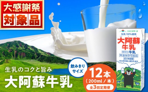 【定期便】大阿蘇牛乳 ロングライフ くまモンラベル 200ml 12本（12本入り×1ケース）【月1回配送／3回】 2.4L  牛乳 生乳 成分無調整牛乳 ミルク カルシウム 牛乳 常温保存 長期保存 送料無料【合同会社 福福堂】 [AYAC062]