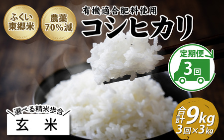 【玄米】【定期便3ヶ月連続】令和6年産 新米 ふくい東郷米 特別栽培米 農薬70％減 コシヒカリ 3kg×3ヶ月 合計9kg[B-020020_02]