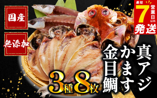 【 スピード発送 対応 】国産 干物 3種 8枚 詰め合わせ 真アジ 鯵 かます 金目鯛 冷凍 干物専門店 和助 セット ひもの あじ 干物セット 静岡 沼津