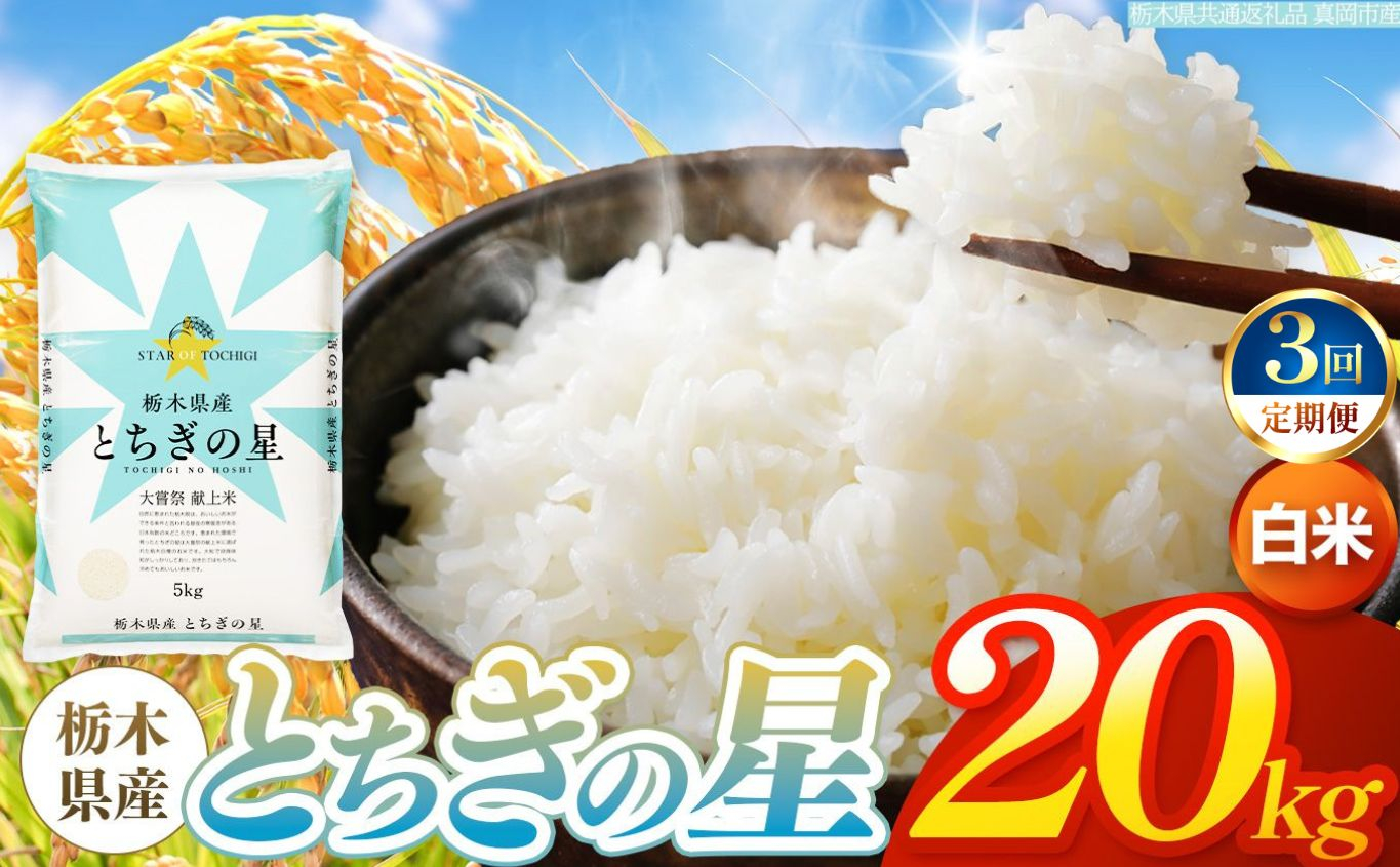 【令和8年産 新米】 【定期便3回】栃木県産 お米 とちぎの星　（白米） 20kg 【2026年秋 先行予約】 |  栃木県 矢板市 【栃木県共通返礼品 真岡市産】 【定期便3回】白米 20kg | 