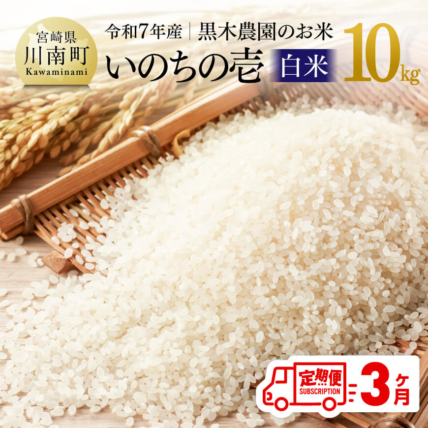 【ふるさと納税】【3ヶ月定期便】【令和7年産】黒木農園のお米「いのちの壱(白米)」10kg - 米 お米 白米 国産 九州産 宮崎県産 新米 ご飯 ごはん お弁当 おにぎり おむすび ふっくら 艶々 晩ごはん お取り寄せ お届け 農家直送 産地直送 精米 送料無料 宮崎県川南町 C03228t3