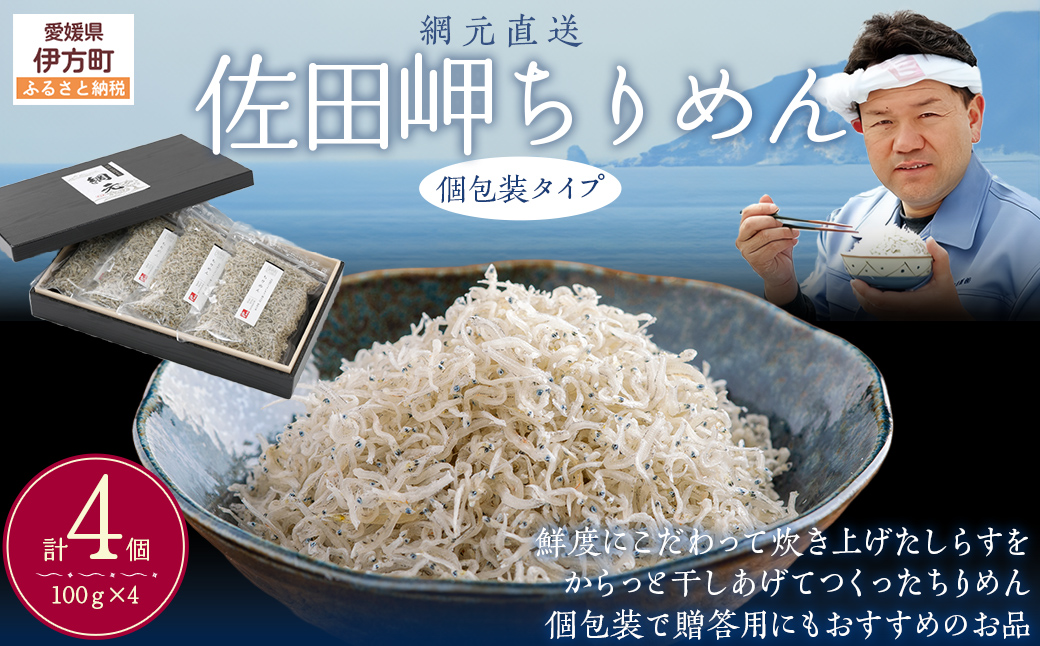 【網元直送・個包装】佐田岬ちりめん 100g×4パック ｜ 愛媛県 伊方町産 西宇和 ちりめん山椒 おかず ご飯 ご飯のお供 おでかけ おにぎり 　※離島への配送不可 IKTB030