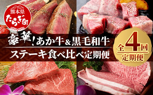 【定期便 4回】豪華！ あか牛 ＆ 黒毛和牛 ステーキ 食べ比べ 定期便≪ 牛肉 ブランド牛 黒毛 希少 褐毛和種 ステーキ サーロイン バラエティ 定期便 熊本県産 ≫092-0020