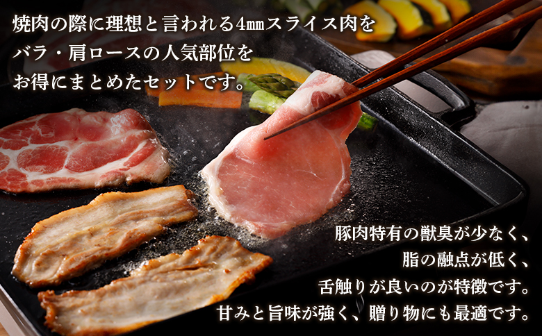 ルスツ羊蹄ぶた 焼肉セット バラ 肩ロース 各200g×2パック 800g オンライン 申請 ふるさと納税 北海道 留寿都 豚肉 豚 ブランド豚 肉 お肉 ポーク 焼肉 4mm スライス 小分け 便利