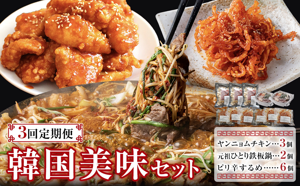 ＞＞3回定期便＜＜　韓国美味セット（ヤンニョムチキン×３個、元祖ひとり鉄板鍋×２個、ピリカラするめ×６個） 272183_AH08