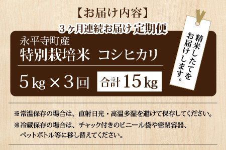 【先行予約】【3ヶ月連続お届け】【白米】令和5年度産 永平寺町産 農薬不使用・化学肥料不使用 特別栽培米 コシヒカリ 5kg×3ヶ月（計15kg）【2023年10月下旬以降順次発送開始予定】[E-03