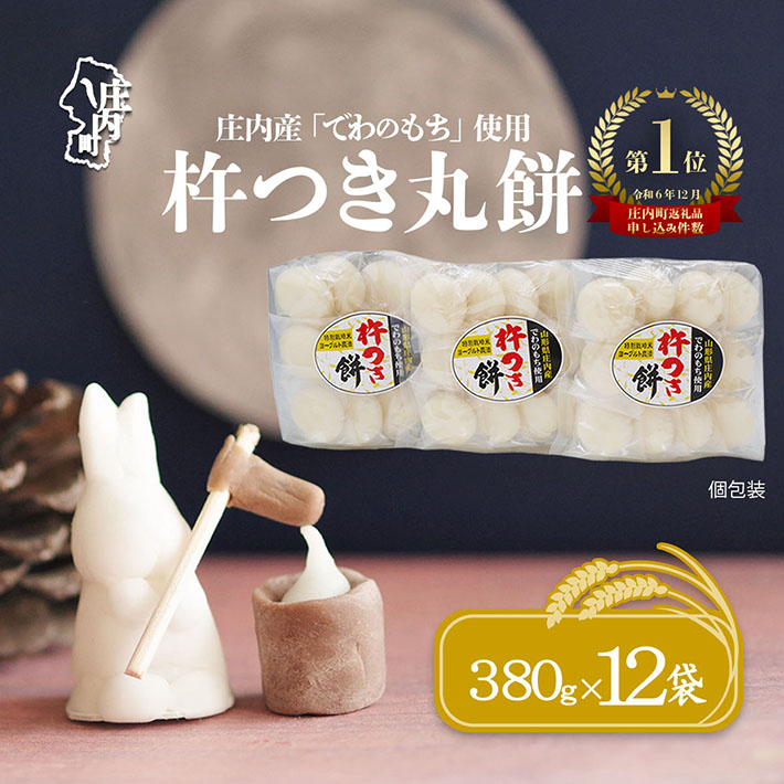 【R9.3月発送】庄内町産 杵つき餅 380g×12袋 『特別栽培米 でわのもち』使用 先行受付 柔らかく よく伸びる 梅木もち屋 個包装 小さめ 自家栽培 でわのもち ヨーグルト農法 杵つき 丸もち お餅 丸餅 餅【入金期限：2027年3月15日】