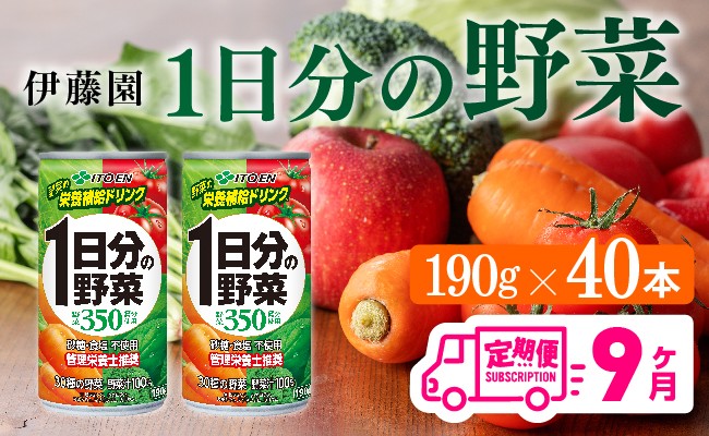 
            【9ヶ月定期便】伊藤園 1日分の野菜 190ｇ×40本【定期便 全9回 野菜飲料 野菜ジュース 野菜汁 ジュース 飲料 ソフトドリンク 野菜ミックスジュース】
          