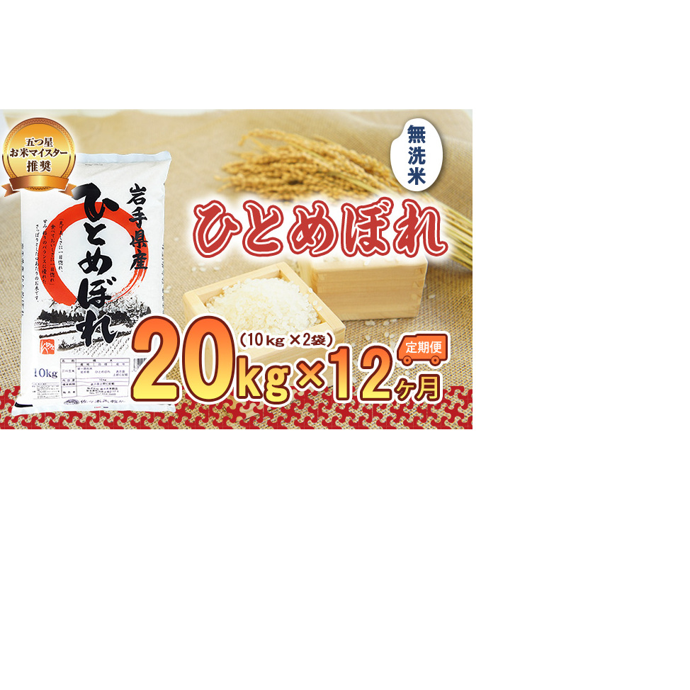 【12か月定期便】盛岡市産ひとめぼれ 無洗米 20kg×12か月 お米 