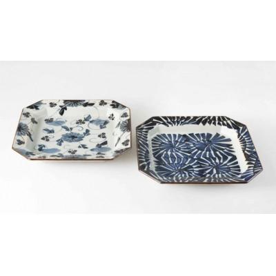 ふるさと納税 長崎県 【波佐見焼】22.5×21.5cm八角盛皿2柄2枚組 手描き古染紋　 1 20581