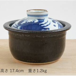有田焼 ふくせん窯 くらしの料理器 染付カニ絵なんでん鍋 土鍋 ご飯 炊飯 ごはん 一人用（1人用）二人用（2人用）直火専用鍋 耐火陶土 A35-233_イメージ3