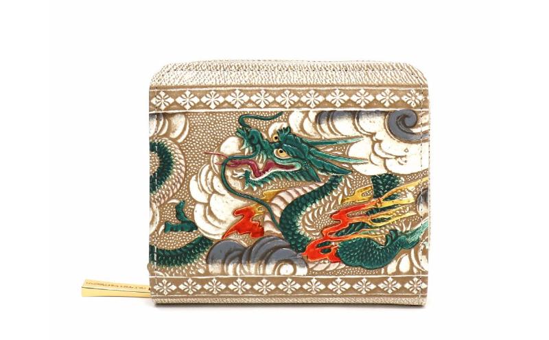 【文庫屋大関】二つ折りファスナーミニ財布 龍＜緑＞【皮革工芸品】財布 二つ折り 小物 お札 カード 小銭 コンパクト 牛革 手作り 日本製 墨田区 東京都
