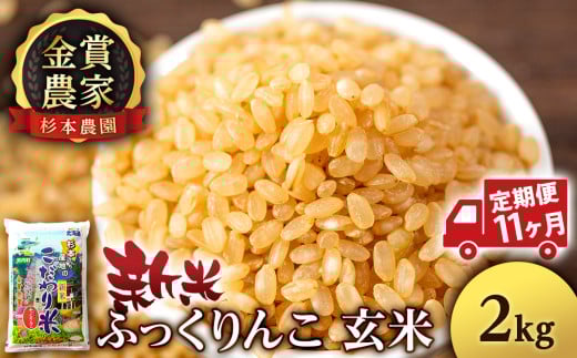 【新米予約】【定期便11回】ふっくりんこ玄米2kg≪杉本農園≫
