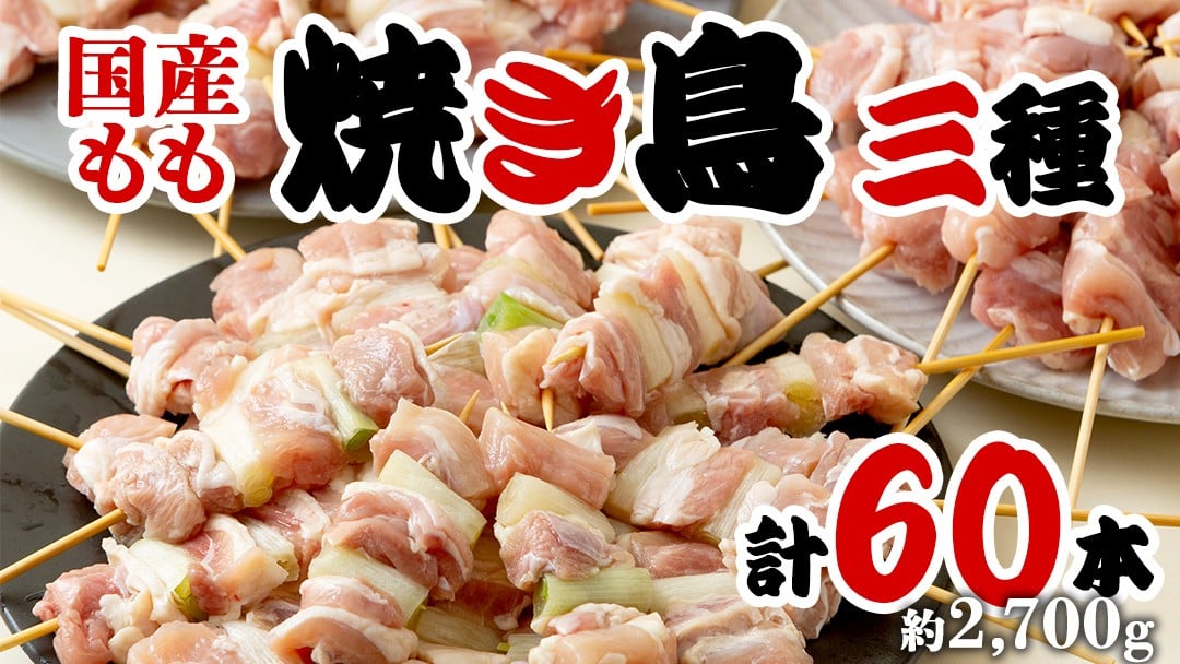 
1本45g！合計約2700g！大満足の 国産鶏 焼き鳥 モモ 3種60本 セット （各20本入り） 焼鳥 鶏肉 おかず おつまみ

