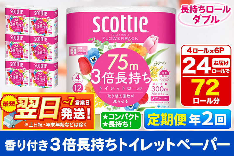 《6ヶ月ごとに2回お届け》定期便 トイレットペーパー スコッティ フラワーパック 3倍長持ち〈香り付〉4ロール(ダブル)×6パック 秋田市オリジナル 最短翌日発送