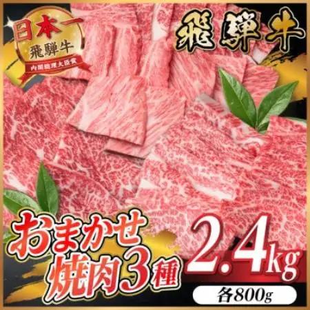 飛騨牛　おまかせ焼肉3種セット約2.4kg(各約800g)訳あり　BBQ　上カルビ・ロースなど【配送不可地域：離島】【1739045】