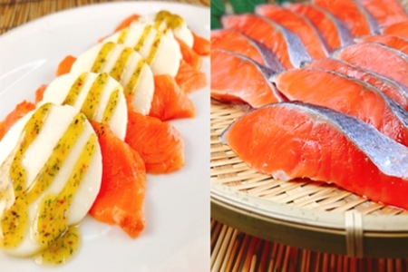 [12月14日決済分まで年内配送]スモークサーモンカプレーゼ3～5P(計500g)＆塩銀鮭切り身1切×25P C-09047