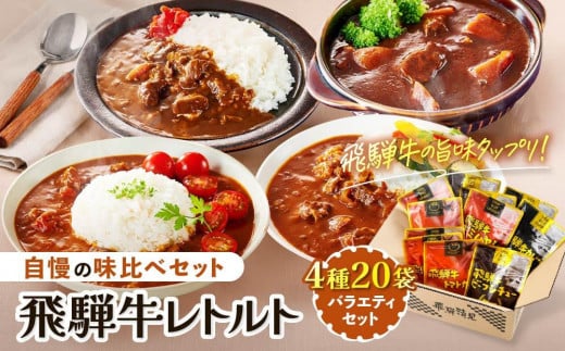 【3月発送】訳あり 飛騨牛レトルト４種２０袋！ バラエティセット 飛騨牛 肉 牛 カレー ビーフカレー トマトカレー ビーフシチュー デミハヤシ レトルト 20袋 簡易包装 レトルトカレー ご当地カレー おいしい 便利 飛騨高山 ふるさと清見21 DC001VC03