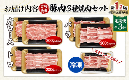 宮崎県産 豚肉 焼肉 3種食べ比べ 定期便【全3回】合計3.6kg (1.2kg×3回) 真空小分けパック (肩ロース・バラ・豚トロ) 国産 送料無料