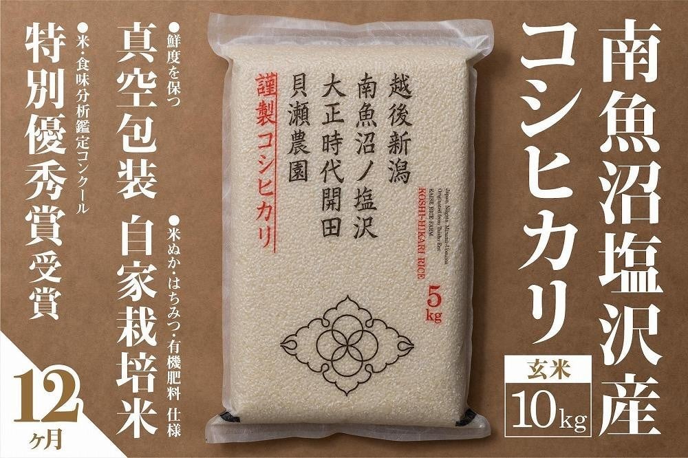 
            【令和7年産】【定期便】「貝瀬農園米」農薬5割減栽培　南魚沼塩沢産コシヒカリ　玄米10kg(5kg×2個)×全12回
          