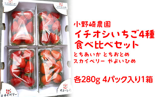 【先行受付】小野崎農園 イチオシいちご4種食べ比べセット (とちあいか とちおとめ スカイベリー やよいひめ各280g 4パック入り1箱) ｜果物 苺 栃木県産 小野崎農園 数量限定 期間限定 ※2027年1月～発送