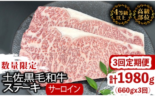 
                  【定期便3回】土佐黒毛和牛サーロインステーキ 計1.98kg（660g×3ヶ月連続お届け) 2Uコース | 特撰 サーロイン肉 最上位等級 A4 A5 最高 ランク 贅沢 厚切り ステーキ用 焼肉用 キャンプ飯 国産 牛肉 高知県 須崎市 TM49000
                