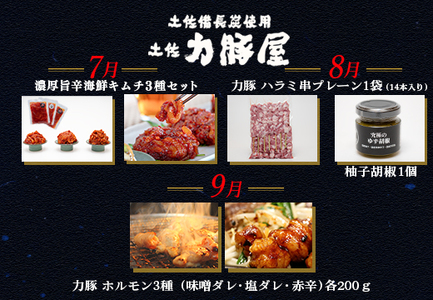【定期便 3回】豚肉  ハラミ ホルモン キムチ 柚子胡椒 キャンプ飯 冷凍 国産 焼肉用 7～9月