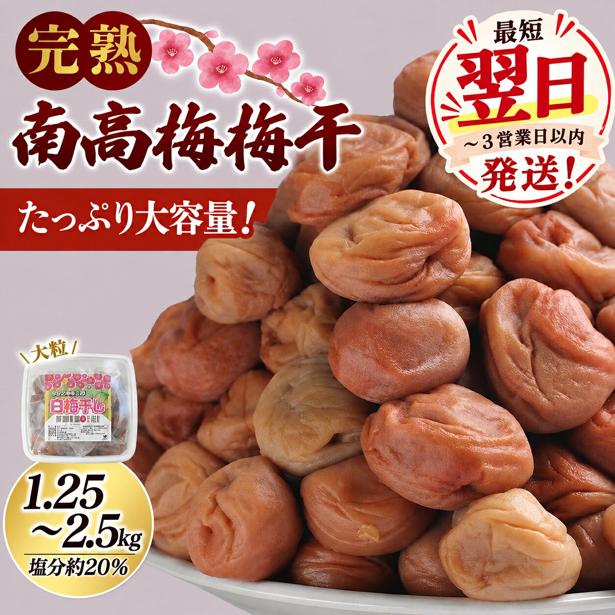 【ふるさと納税】 最短翌日発送 梅干し 無添加 完熟 南高梅 1.25kg 2.5kg 選べる 容量 塩分約20％ 数量限定 サイズ混合 高評価 ご家庭用 梅干し 梅 うめ ウメ 梅干 白干し 白梅 人気 健康 ご飯のお供 お取り寄せ 予約 夏バテ対策 熱中症対策 和歌山県 北山村