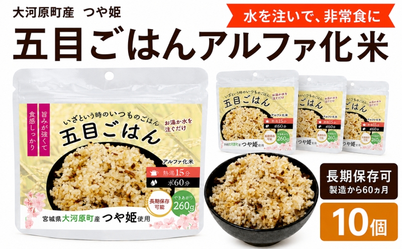 宮城県大河原町産つや姫のアルファ化米 五目ごはん 100g 10袋セット お米 長期保存 非常食 アルファ米 ご飯 ごはん 防災食 備蓄 保存食 常温 つや姫