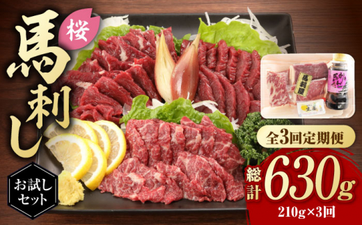 【全3回定期便】  「桜」 馬刺し お試しセット 約210g 国産 馬刺し 上霜降り 霜降り赤身 赤身 希少 特産品 国産 純国産 霜降り 上赤身 馬肉 桜肉 ヘルシー 専用タレ 小分け おろし生姜 低カロリー 高タンパク 冷凍 ギフト 贈答用 食べ比べ おすすめ 熊本 山鹿市【有限会社 九州食肉産業】[ZDQ005]